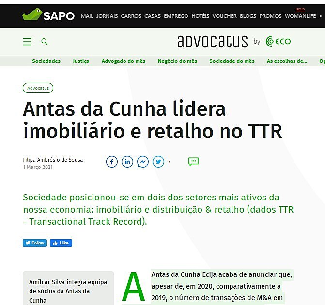 Antas da Cunha lidera imobilirio e retalho no TTR